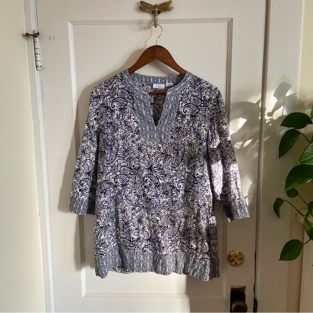 Sigrid Olsen Linen Blue and White Floral Paisley Tunic 3/4 Sleeve Small